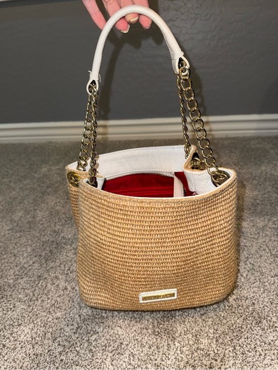 M Made In Italy Handbags - Tuscany Leather Woven Straw Bucket Bag with White Trim and Gold Chain Handle